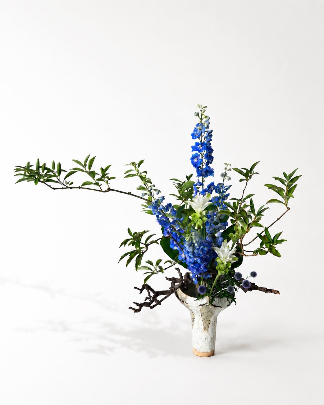 四世家元塚越應駿的過往華道作品，藍色花材與向兩側伸展的綠枝